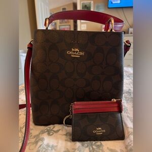 Dark Brown two toned with deep red crossbody Coach bag with wallet